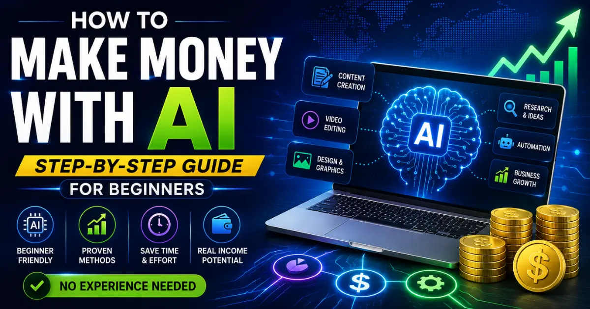 illustration of making money online with AI tools, laptop, charts, and digital currency icons without human elements