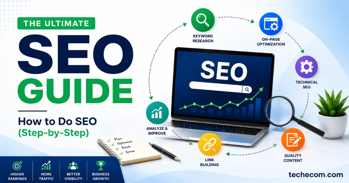 SEO Guide representing a step-by-step SEO strategy, covering keyword research, on-page optimization, technical SEO, and search ranking growth