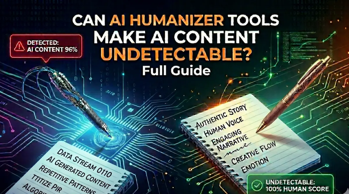 A futuristic digital workspace showing two pens: one high-tech robotic pen representing AI generation and one elegant metallic pen representing human storytelling.