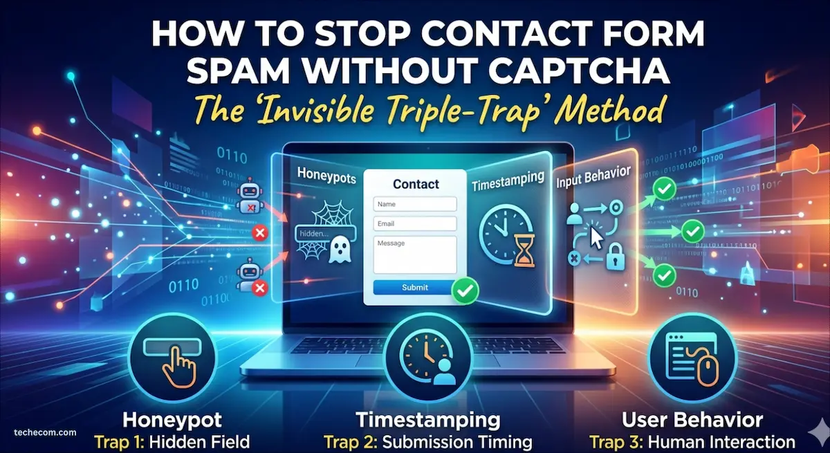 An infographic on a laptop screen demonstrating three invisible ways to block bot spam: honeypot fields, submission timestamping, and human behavior analysis.