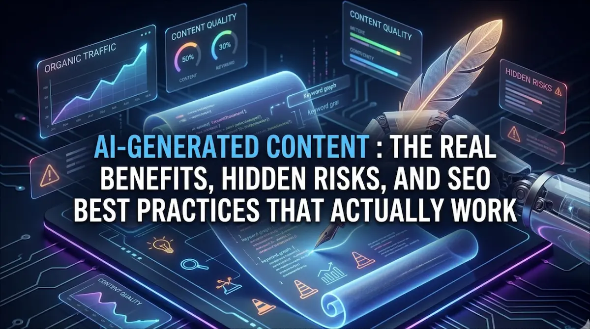 A high-tech digital dashboard featuring a glowing holographic scroll and a robotic quill pen, displaying data visualizations for organic traffic, content quality metrics, and SEO warnings to represent the balance of AI content creation.
