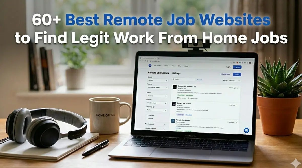 A high-quality workspace with a laptop, webcam, and headphones on a wooden desk, perfect for finding legit work-from-home jobs.