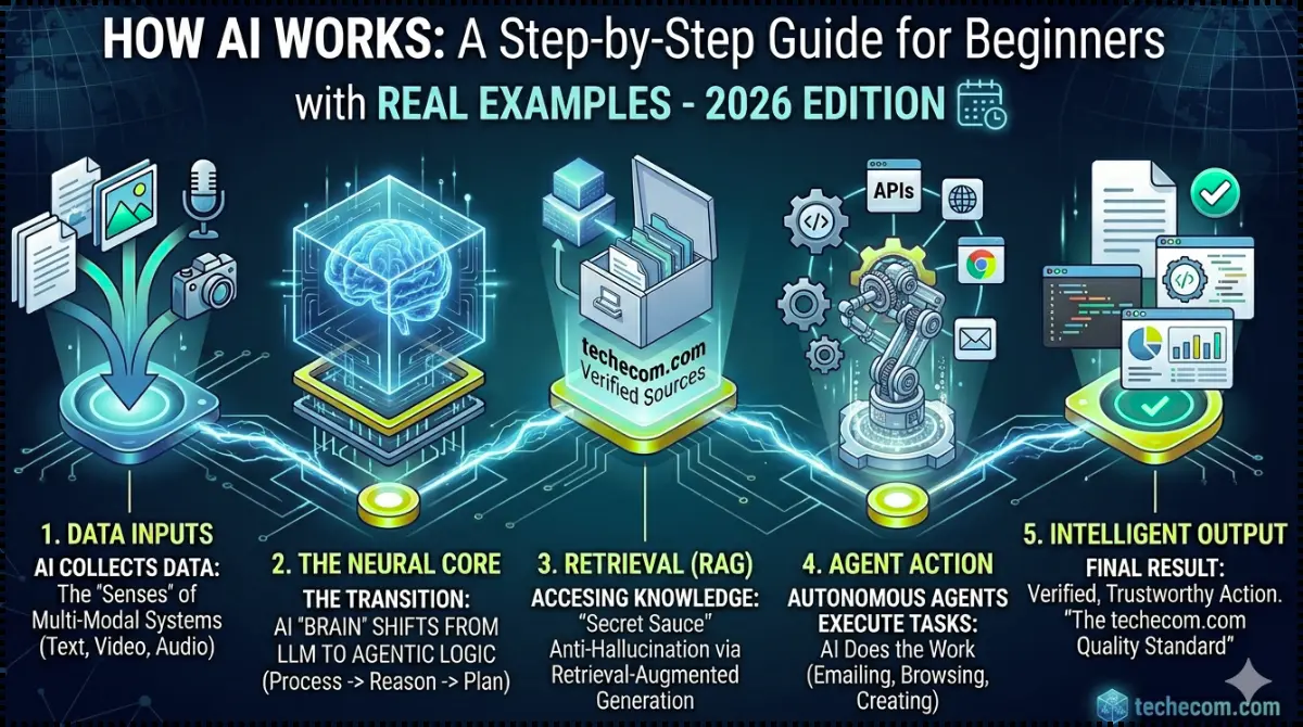 A detailed featured image infographic for techecom.com showing the five steps of how modern AI works: Data Inputs (Multi-Modal Senses), The Neural Core (Transition to Agentic Logic), Retrieval (RAG), Agent Action (Autonomous Mechanical Aggregates), and Intelligent Output (Verification).