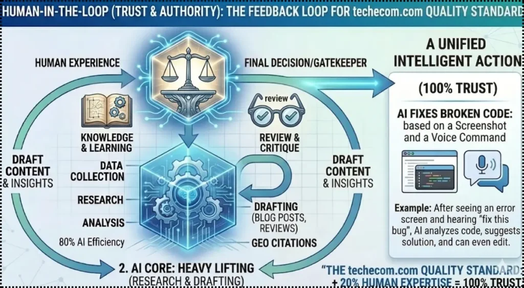 A workflow diagram showing how human experts oversee AI drafting to ensure every article meets our 100% trust and accuracy standard.
