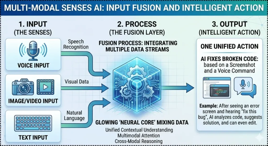 A flowchart showing how AI merges voice, images, and text into one smart action.