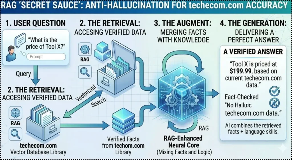An isometric guide showing how AI uses a verified data library to provide accurate, fact-checked answers instead of guessing.