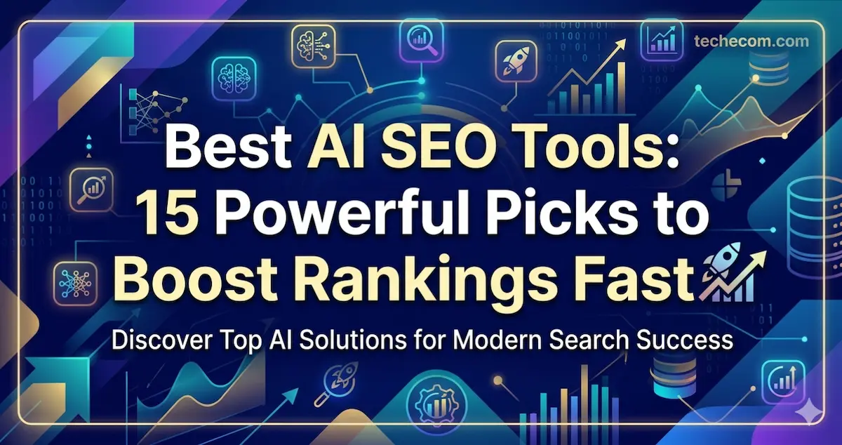 A professional digital dashboard featuring a collection of AI SEO tool icons, glowing data charts, and upward-trending growth arrows on a modern blue background.