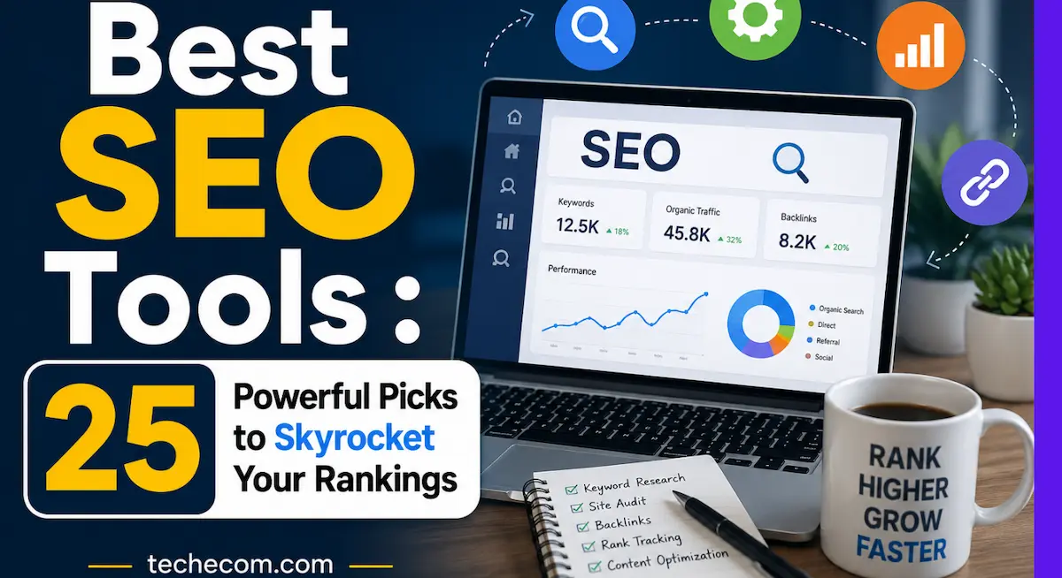 A modern SEO workspace showing analytics dashboard, keyword research notes, and tools designed to help improve search rankings and grow website traffic in 2026