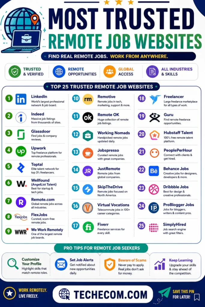 Infographic showing the most trusted remote job websites including LinkedIn, Indeed, FlexJobs, Upwork, and Remote OK ranked by popularity and reliability