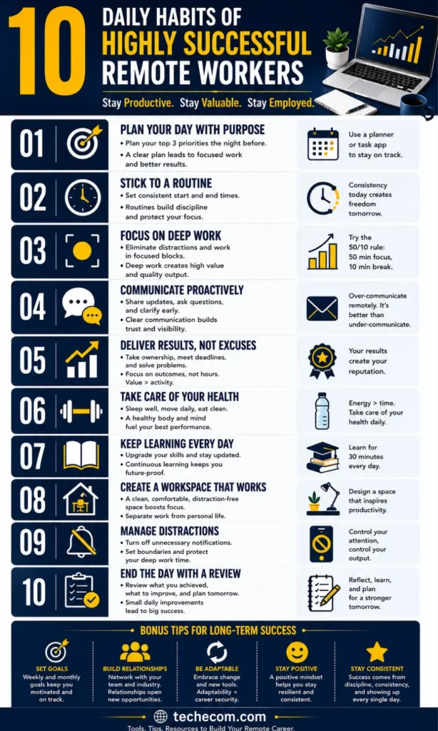Infographic showing 10 daily habits successful remote workers use to stay productive, focused, and consistently employed while working from home