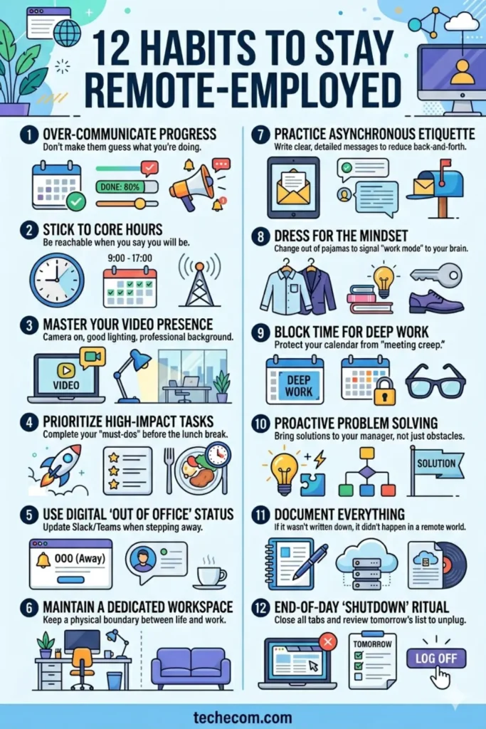 Infographic showing 12 essential remote job habits to stay employed and productive