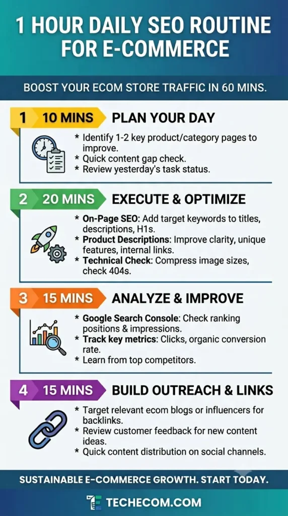 Infographic displaying a 1-hour daily SEO routine for e-commerce websites, broken down into planning, optimization, analysis, and outreach steps by TechEco