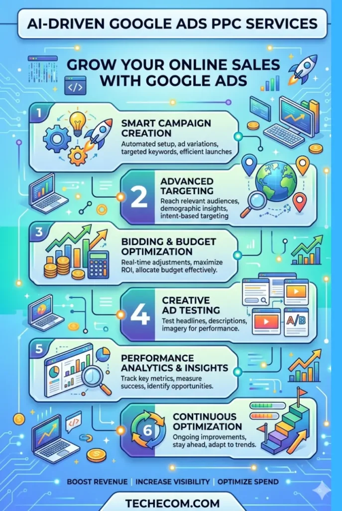 A vertical infographic pin detailing 6 steps of AI-driven Google Ads PPC services to grow online sales. The design uses a clean blue and teal tech theme with digital icons like laptops, graphs, coins, and a globe, completely excluding any human or robot figures. The steps cover smart campaign creation, advanced targeting, bidding optimization, creative testing, analytics, and continuous optimization, with techecom.com featured at the bottom.