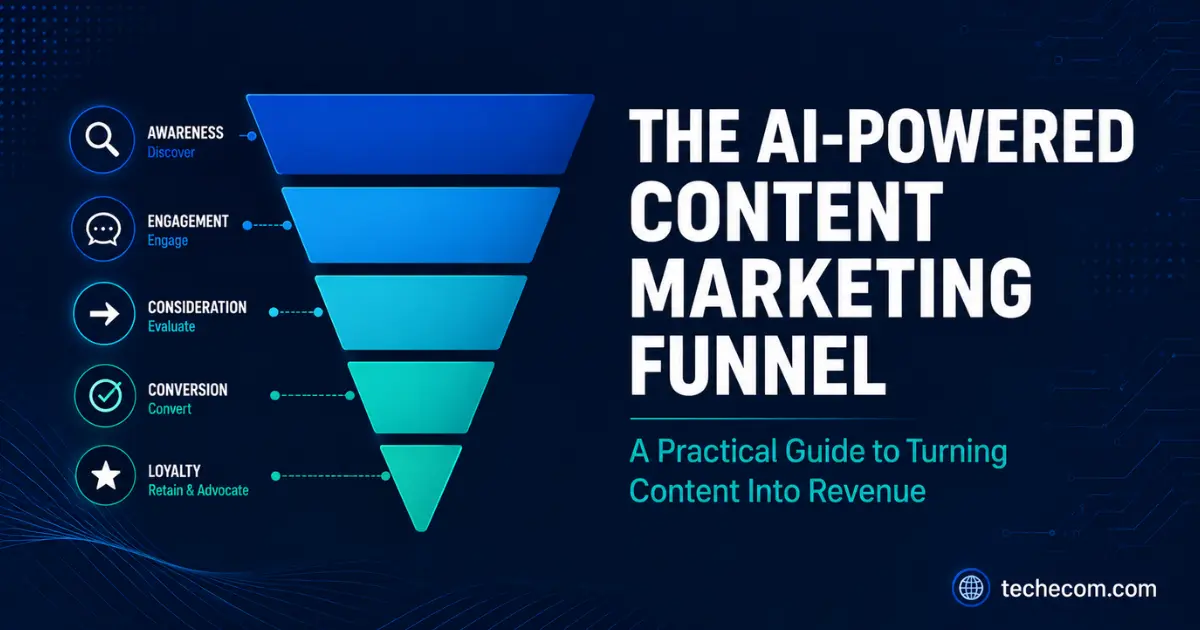 AI-powered content marketing funnel diagram with five stages from awareness to loyalty, illustrating how content drives conversions and revenue