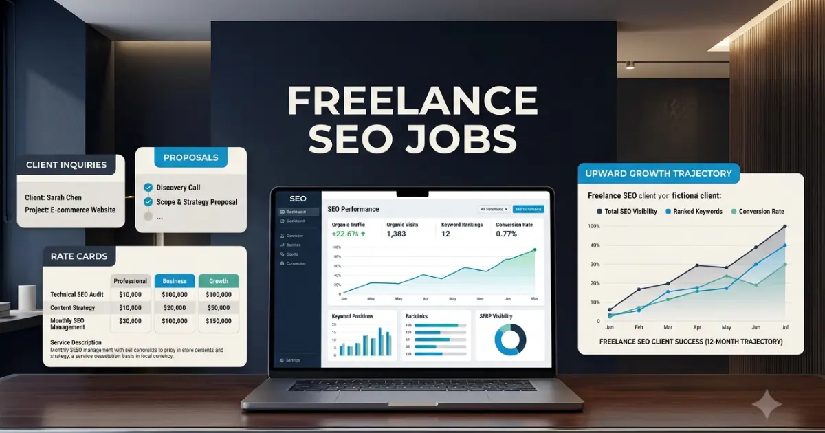 Editorial featured image for a freelance SEO guide titled 'FREELANCE SEO JOBS', featuring a laptop with organic analytics dashboards alongside UI cards for client proposals, rate cards, and upward growth trajectory charts.
