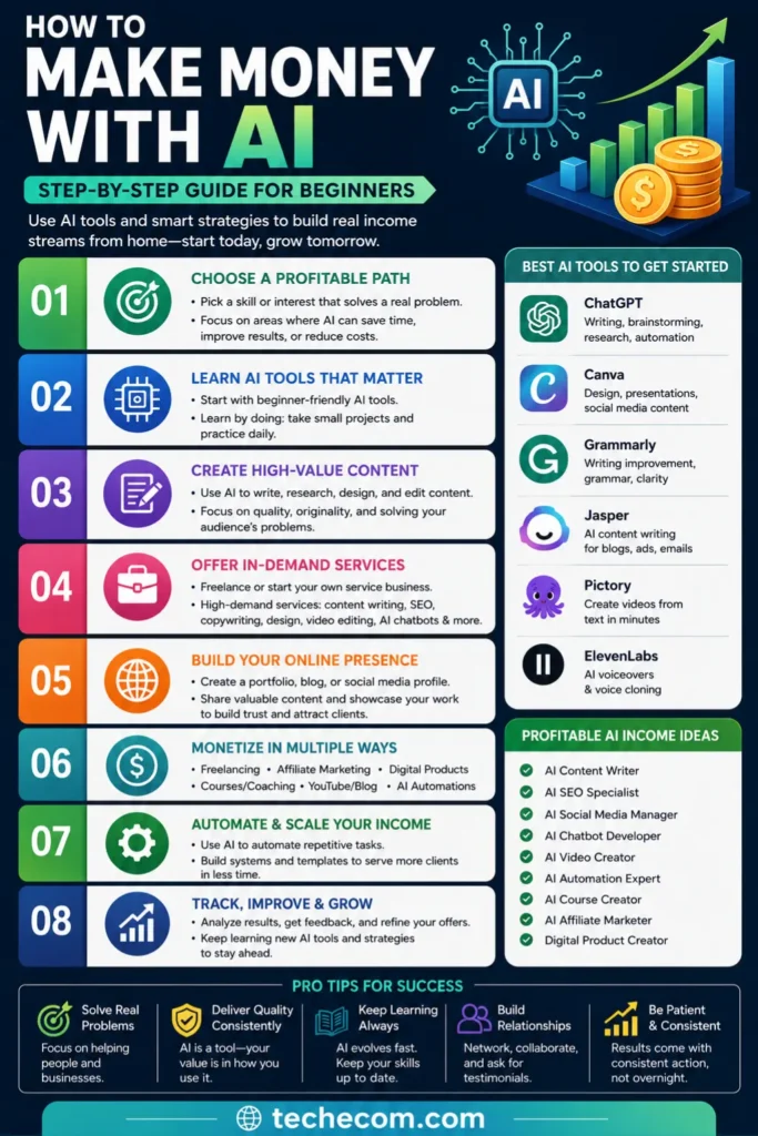 How to make money with AI infographic showing step-by-step methods, tools, and income ideas for beginners in 2026