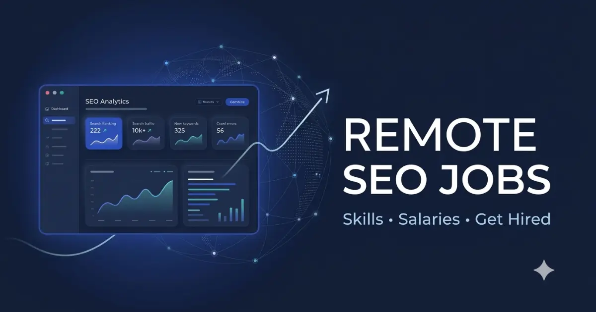 SEO analytics dashboard showing growth metrics alongside bold text reading Remote SEO Jobs with subtitle Skills, Salaries, and Get Hired.