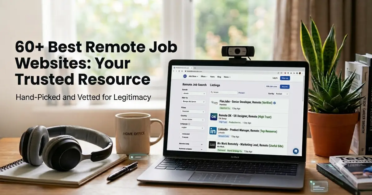 Clean home office desk setup with a laptop displaying vetted remote job listings from websites like FlexJobs and Remote OK.