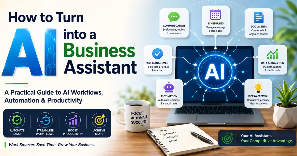 Illustration showing how to turn AI into a business assistant using AI workflows, task automation, scheduling, document creation, analytics, and productivity tools.